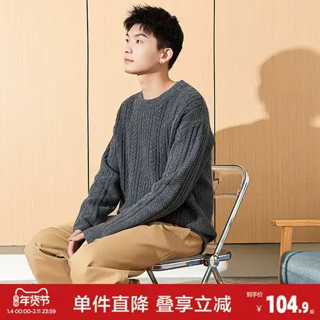 唐狮冬季男士毛衣新款圆领绞花针织衫上衣日系慵懒风男款毛衫图片