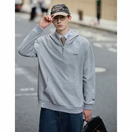 唐狮春秋季新款半开襟连帽卫衣男字母刺绣简约设计时尚百搭潮TMTA图片