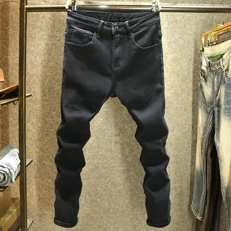 秋冬款弹力牛仔裤男士破洞小脚裤子潮牌百搭时尚修身显瘦小黑裤厚商品大图