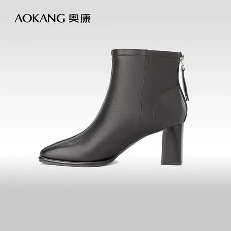 奥康女鞋 冬季新款真皮单靴黑色英伦风短靴子时尚潮流短靴商品大图