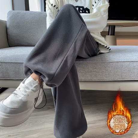 秋冬季加绒加厚运动束脚卫裤女韩版高腰宽松休闲阔腿长裤ins潮牌图片