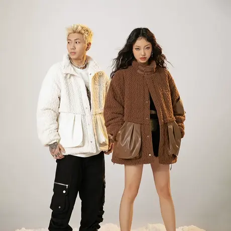 潮牌复古拼接PU皮棉服女冬季羊羔毛外套2023年新款情侣装宽松棉衣图片