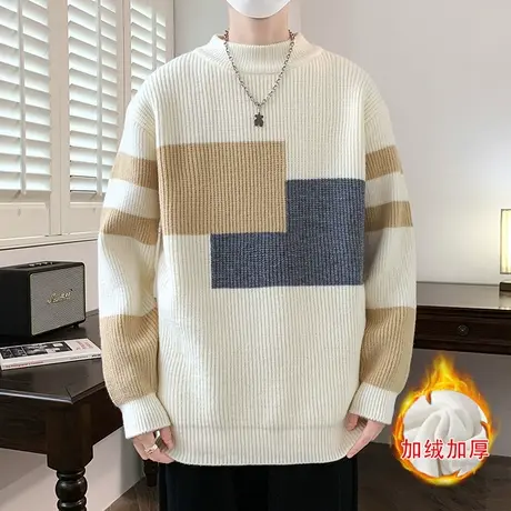 秋冬季男士毛衣加绒加厚圆领学生打底针织衫青少年保暖毛线衫上衣商品大图