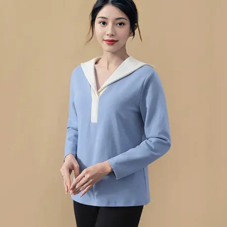 V领套头长袖翻领卫衣正肩海军风撞色T恤女图片