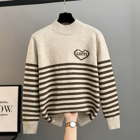 条纹宽松女士加厚毛衣女秋冬2023年新款半高领撞色爆款打底衫内搭商品大图