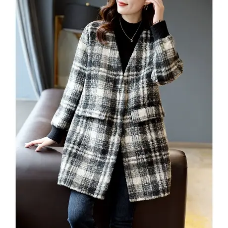 宝诗黎中长款V领格子宽松棉衣早秋新款加厚外套针织拼接毛呢大衣商品大图