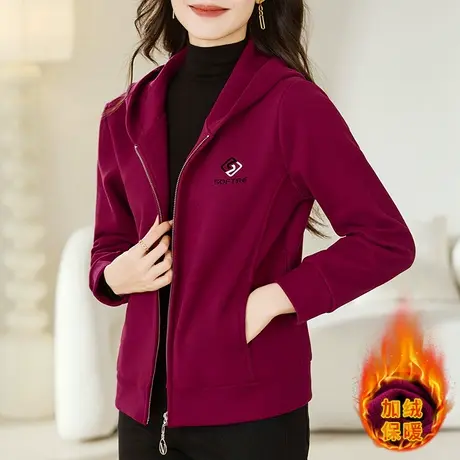 休闲女士加绒加厚开衫外套女秋冬2023年新款时尚连帽呢子拉链卫衣商品大图