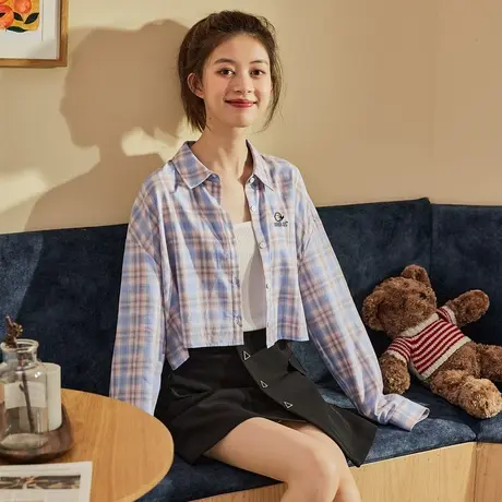 唐狮春季新款长袖格子衬衫女韩版短款上衣设计感学院风衬衣图片