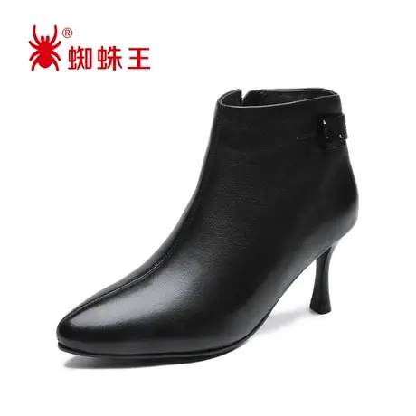 蜘蛛王清仓短靴女尖头细跟时尚真皮软皮加绒保暖舒适短筒女靴图片