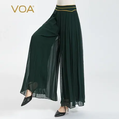 VOA真丝乔其纱自然腰斜插袋立体撞色滚边双层轻盈桑蚕丝阔腿裤女商品大图