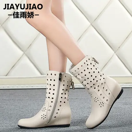 平底内增高短靴女马丁靴夏季牛皮靴洞洞靴镂空单靴中筒真皮短靴商品大图