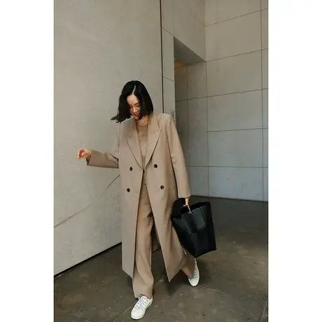 2023秋冬新款女装复古气质时尚精纺羊毛西装领女士风衣外套图片