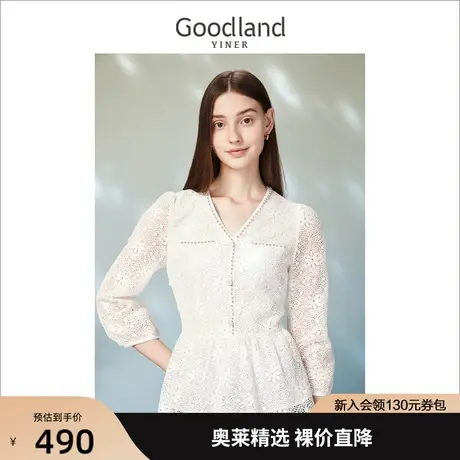 音儿美地女装2023春季新款法式镂空蕾丝钉珠设计白色衬衫上衣商品大图