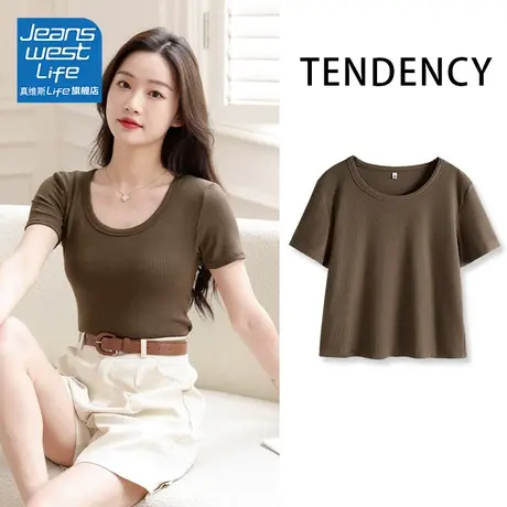 真维斯LIFE咖色针织短袖t恤女夏季2023新款时尚显瘦圆领上衣ins潮商品大图