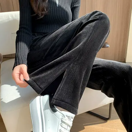 雪尼尔灯芯绒阔腿裤女秋冬2023年新款加厚高腰显瘦开叉微喇叭长裤商品大图