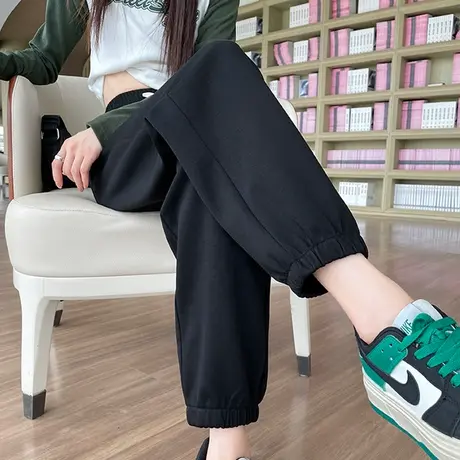 黑色束脚直筒卫裤女秋季新款高腰显瘦宽松小个子休闲九分灯笼裤子图片