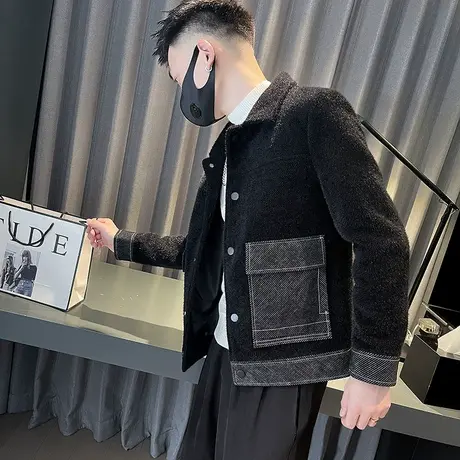 秋冬季翻领加厚夹克男韩版修身痞帅潮流拼接口袋休闲短款大衣外套商品大图