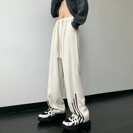 复古高街长裤子男潮流条纹阔腿春季新款休闲直筒运动设计感拖地裤商品大图
