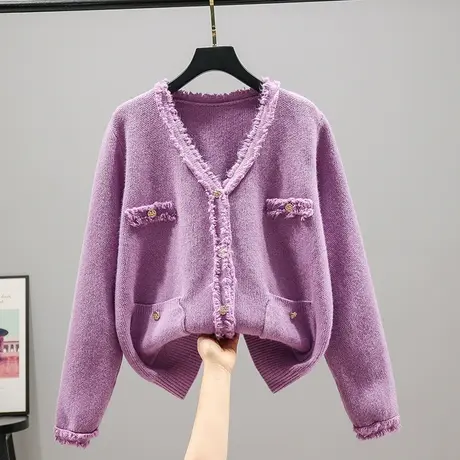 开衫女2023春秋新款韩版宽松纯色V领小香风针织衫开衫外套毛衣女商品大图