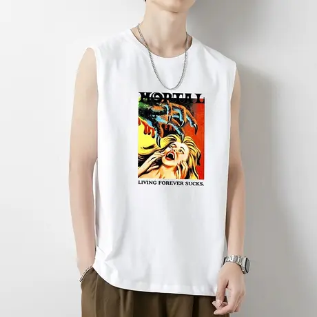 男士背心纯棉无袖t恤夏季薄款运动篮球白色坎肩宽肩跨栏健身汗衫商品大图