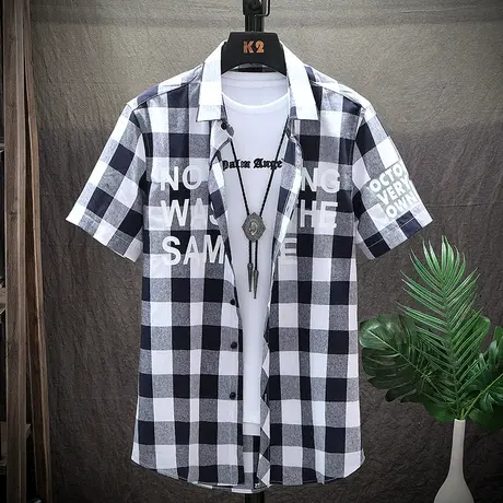 网红很仙的衬衫男短袖格子衬衣初中高中学生夏装韩版潮流夏季半袖图片