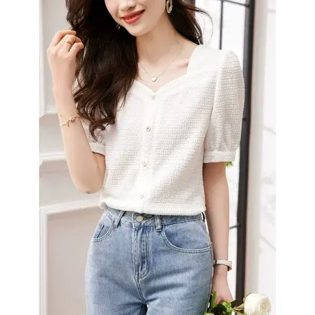 时尚气质短袖T恤2023年夏季新款淑女温柔方领显瘦通勤百搭上衣商品大图