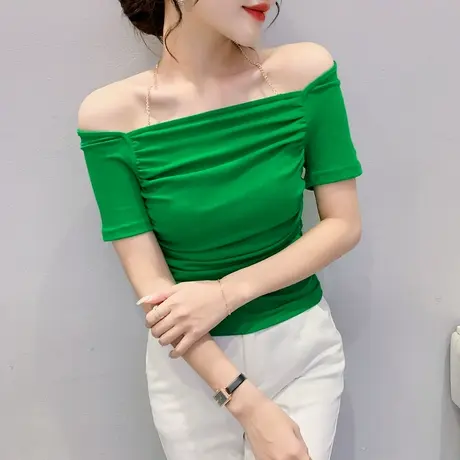 性感露肩一字领短袖T恤女2024夏季新款心机锁骨上衣短款紧身小衫商品大图