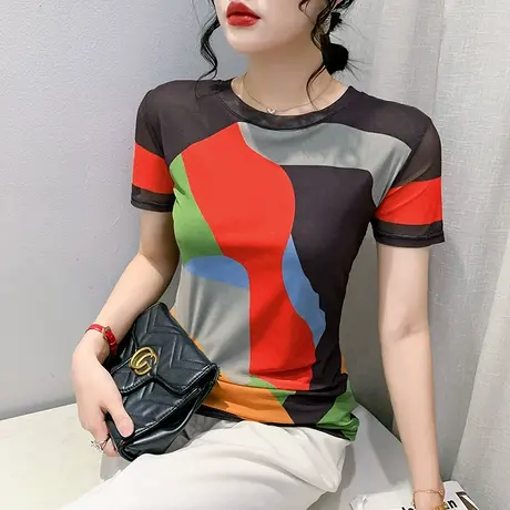 女装2024新款拼色网纱T恤短袖时尚圆领小衫修身显瘦洋气上衣夏潮商品大图