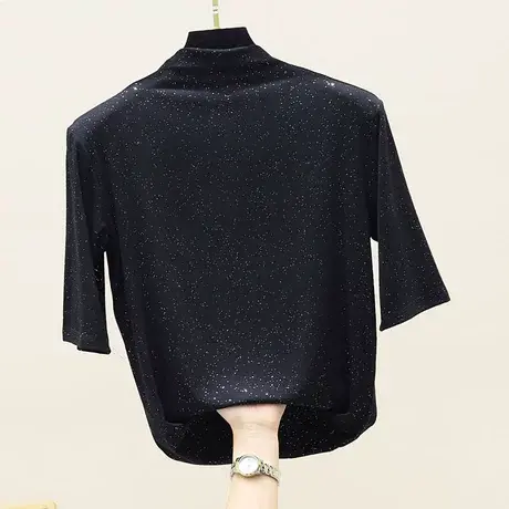 半高领t恤女短袖亮晶晶打底衫五分袖春秋2023新款莫代尔中袖上衣商品大图