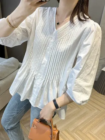 v领七分袖设计感衬衫女2023夏季新款小众宽松棉衬衣蕾丝拼接小衫商品大图