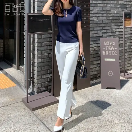 百洛安小心机上衣女夏季韩版新款纯色简约显瘦套头T恤短袖针织衫图片