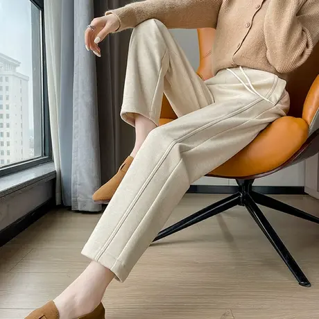 毛呢哈伦裤女2023秋冬新款加绒加厚松紧腰拼接显瘦直筒休闲运动裤图片