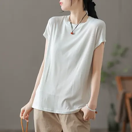 dza复古白色短袖t恤女士2022夏季薄款宽松针织冰丝打底衫半袖上衣商品大图
