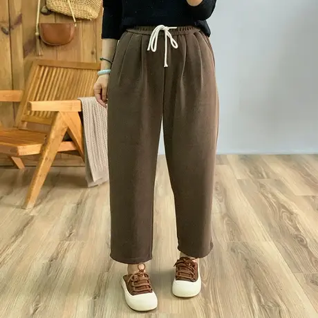 dza 高腰显瘦褶皱加厚哈伦裤子女冬外穿休闲直筒长裤宽松加绒卫裤图片