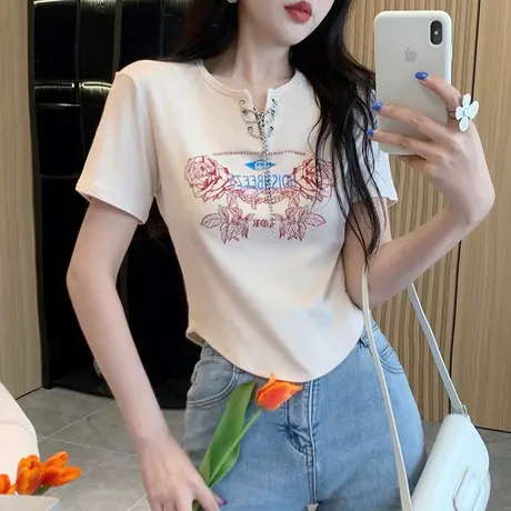 欧美风甜辣镂空锁骨设计感小众短款上衣女夏新款辣妹露脐短袖t恤商品大图