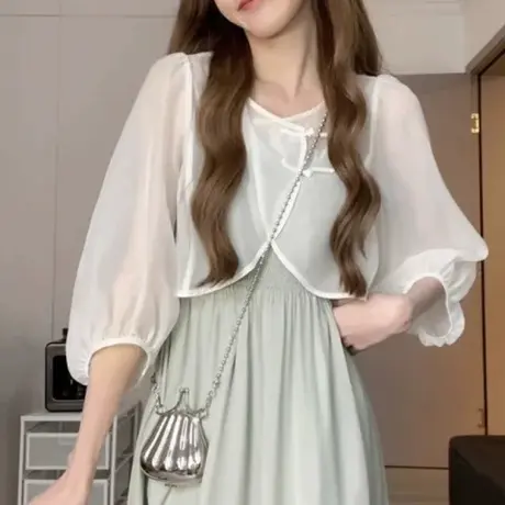 新中式雪纺防晒衣女夏薄款开衫外套法式小坎肩配裙子外搭披肩罩衫商品大图