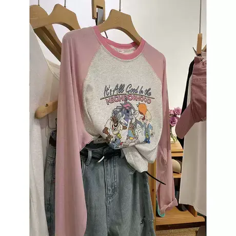 出游季！显白撞色插肩袖卡通减龄长袖T恤女夏季薄款雪花棉防晒衣商品大图