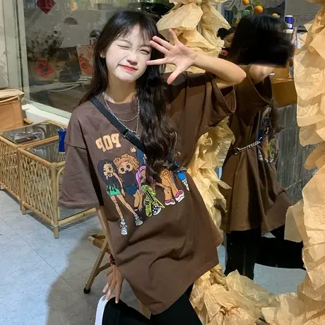 胖mm美式复古oversizet恤女夏季宽松短袖潮牌设计感小众半袖上衣商品大图