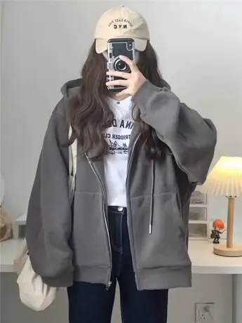 秋冬连帽开衫百搭韩版纯色2023爆款长袖卫衣ins大码加绒遮肚外套商品大图