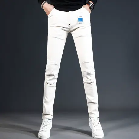 白色高街牛仔裤男2023秋冬新款潮牌机车修身小脚男士百搭弹力裤子商品大图