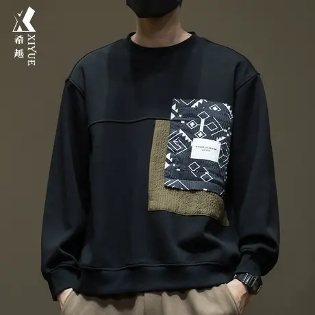 美式拼接云梯布卫衣男2023冬季新款奥粒绒打底衫男士宽松大码外套商品大图