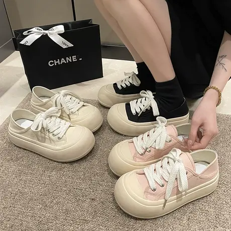 丑萌大头面包鞋女chic鞋子百搭2024春季新款两穿帆布鞋厚底小白鞋商品大图