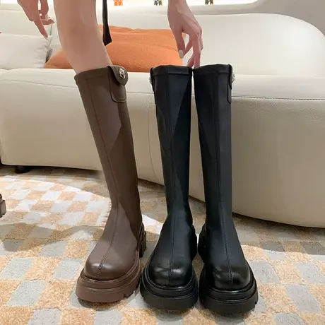 长筒靴女2023春秋季新款时尚复古百搭显瘦时装靴子粗跟高跟骑士靴图片