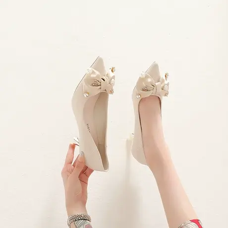 法式细跟高跟鞋女2024春季新款百搭珍珠蝴蝶结伴娘鞋浅口尖头单鞋商品大图