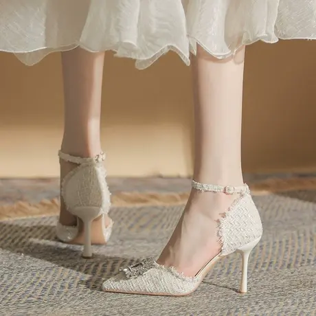 尖头单鞋女细跟2024年春季新款名媛气质一字带中空水钻法式高跟鞋图片