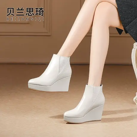 真皮圆尖头舒适厚底坡跟短靴女2023秋冬季新款防水台高跟短靴子图片