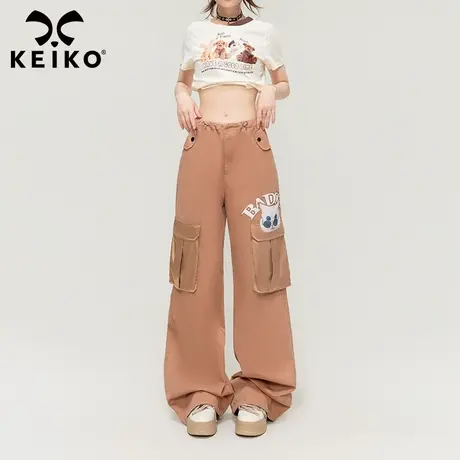 KEIKO 美式复古工装裤休闲裤女2023秋季甜酷高腰显瘦纯棉直筒长裤商品大图