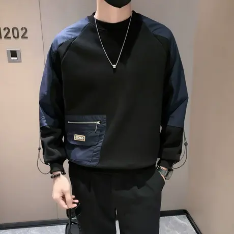 工装加绒卫衣男秋冬新款个性拉链口袋设计感拼接加厚圆领内搭上衣图片