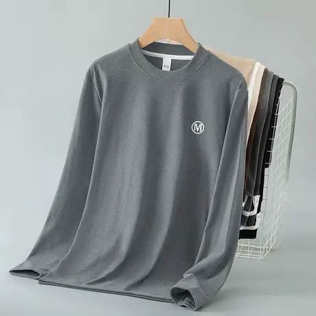300g重磅双面德绒t恤男长袖圆领印花上衣服秋冬季保暖内搭打底衫商品大图