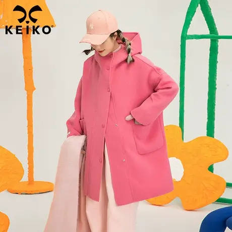 KEIKO 玫红色双面羊绒大衣女中长款早秋新款韩系温柔立领连帽外套商品大图